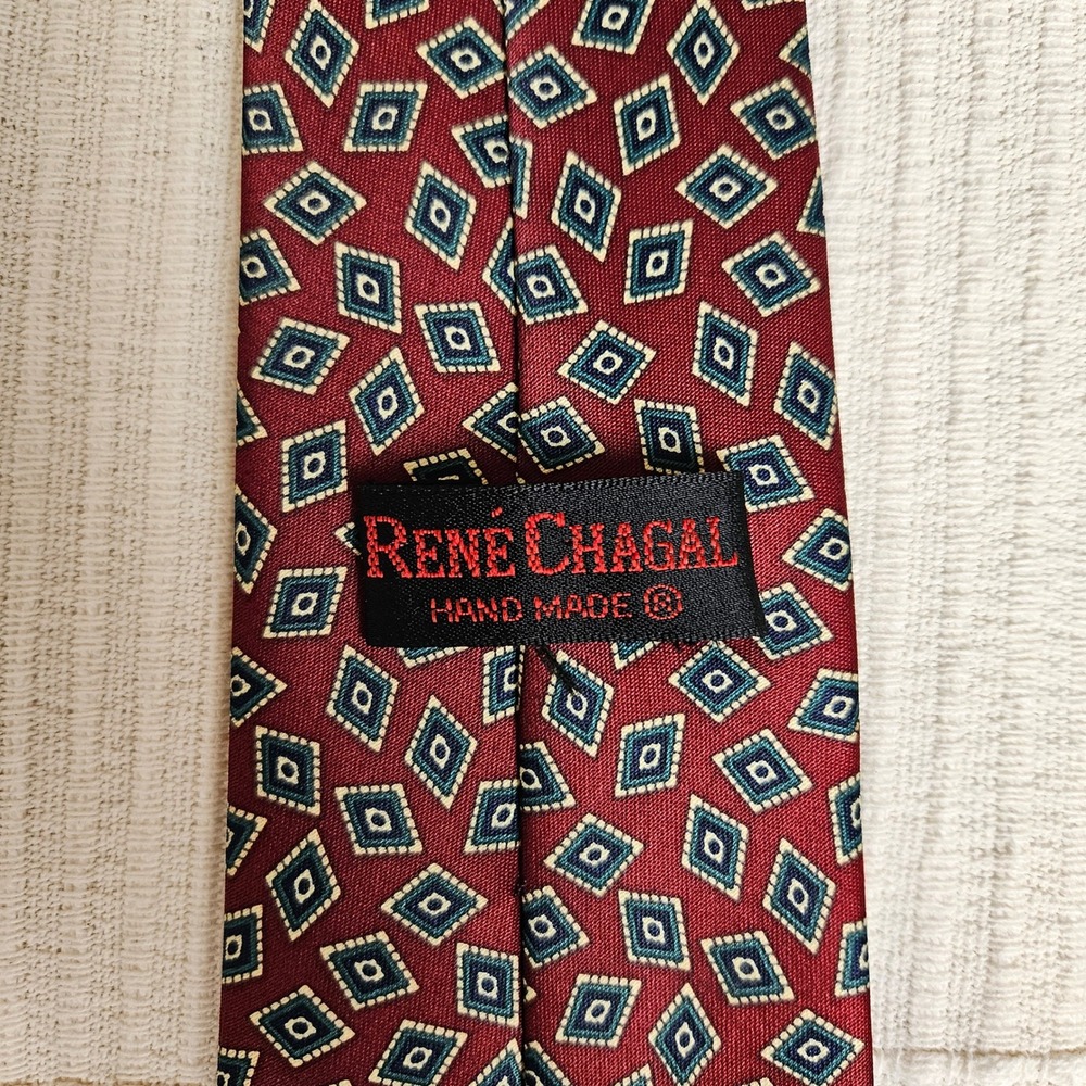 René Chagal Necktie Burgundy Diamond Pattern Silk Blend Handmade Mens Tie